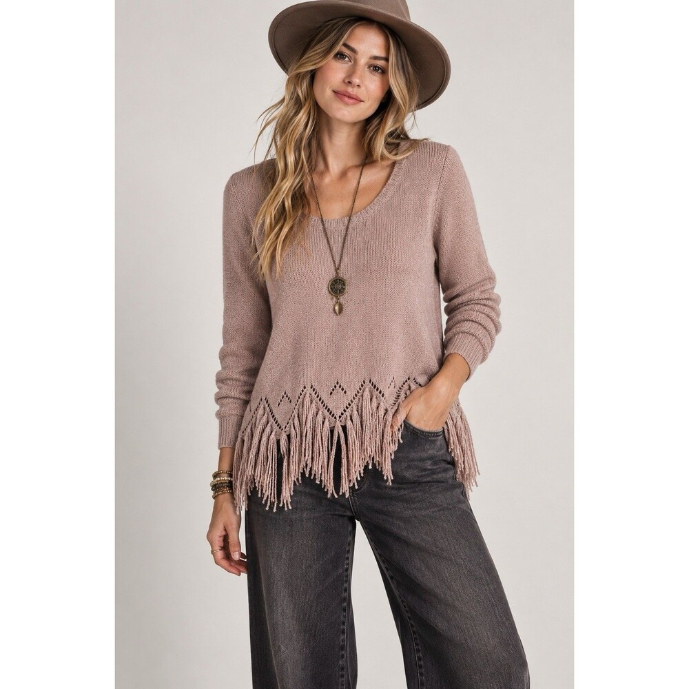 BB Dakota Marled Yarn Fringe Hem Sweater Blush Pink Large Boho Western NWT